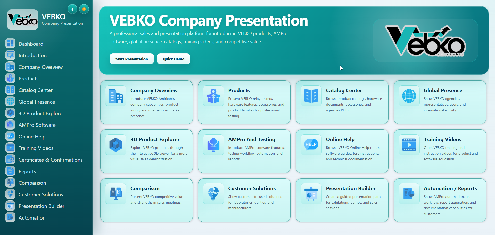 VEBKO interactive company presentation and relay test product platform
