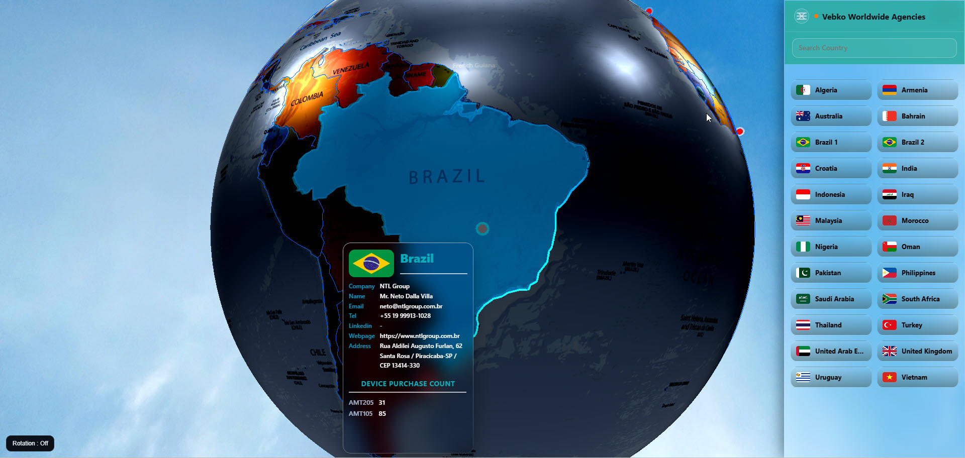 Interactive 3D globe showing VEBKO worldwide agencies and representatives