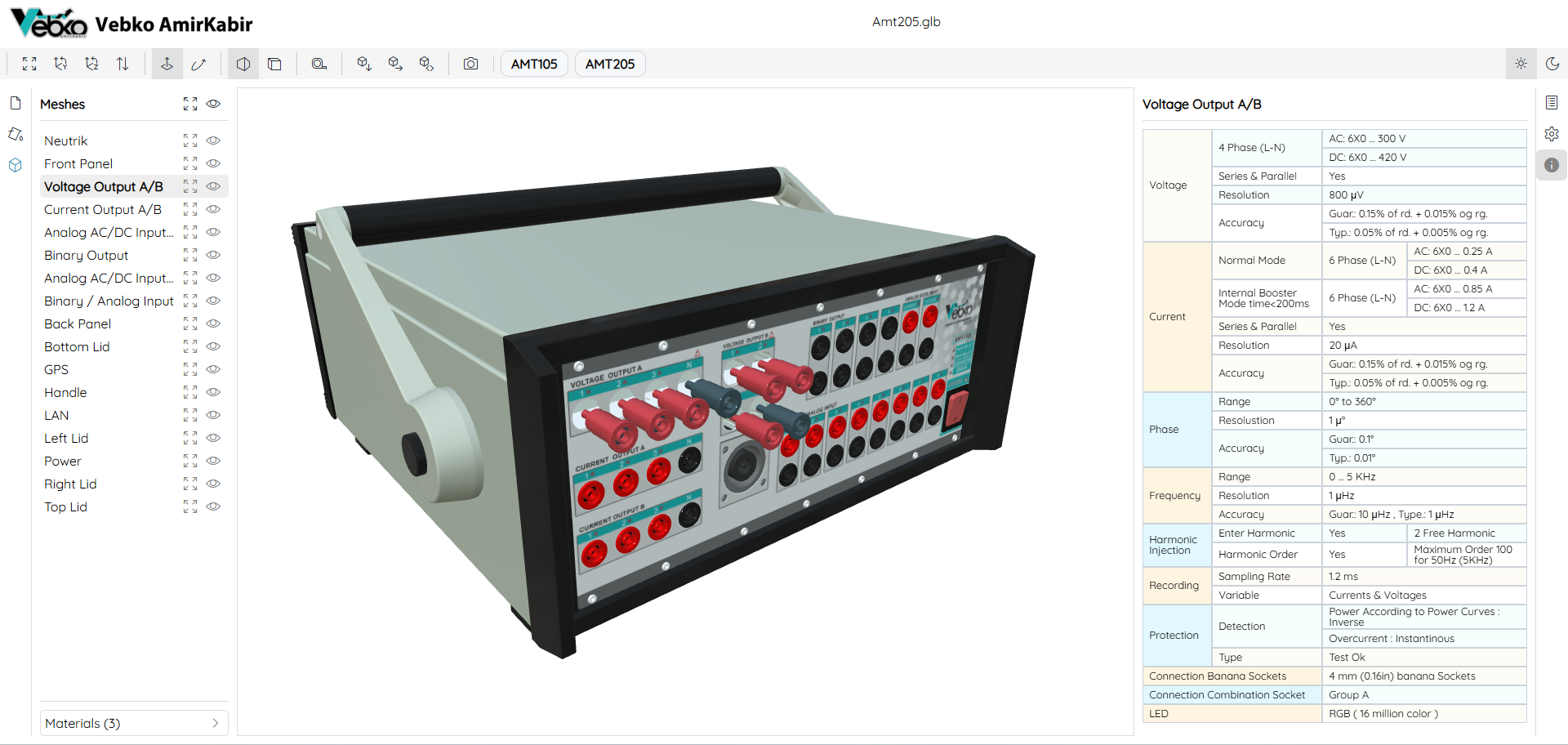 Interactive 3D model of the VEBKO AMT105 relay test equipment